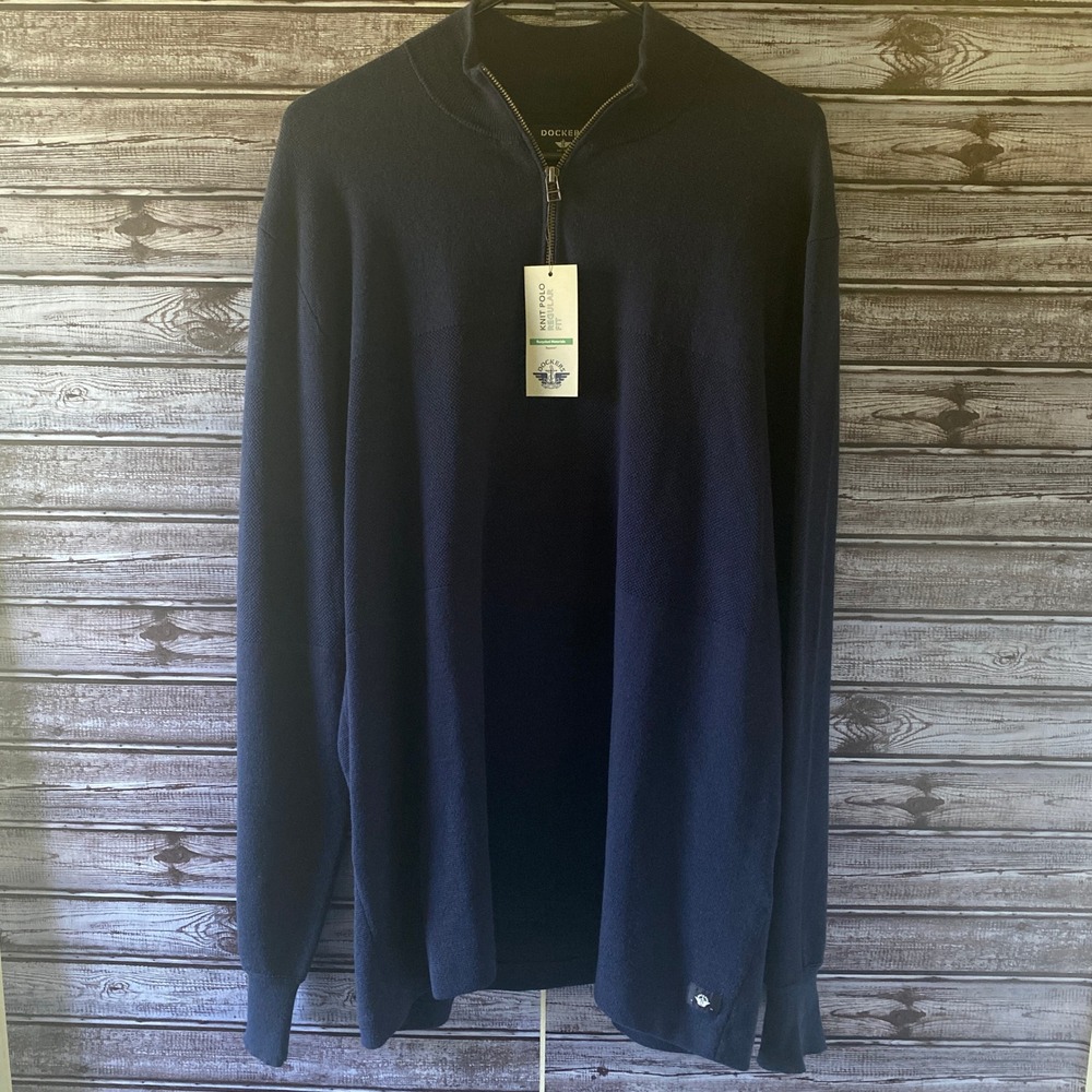 Dockers Men's 1/4-Zip Long-Sleeved Knit Polo Sweater Size XXL Blue Logo NWT